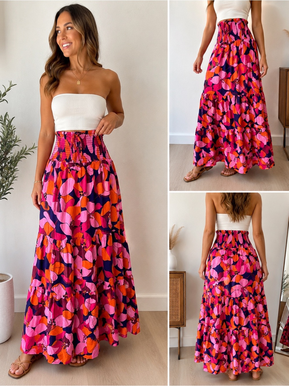 Abel The Label XS Floral Tiered Maxi Skirt Smocked Waist Pink Orange Boho